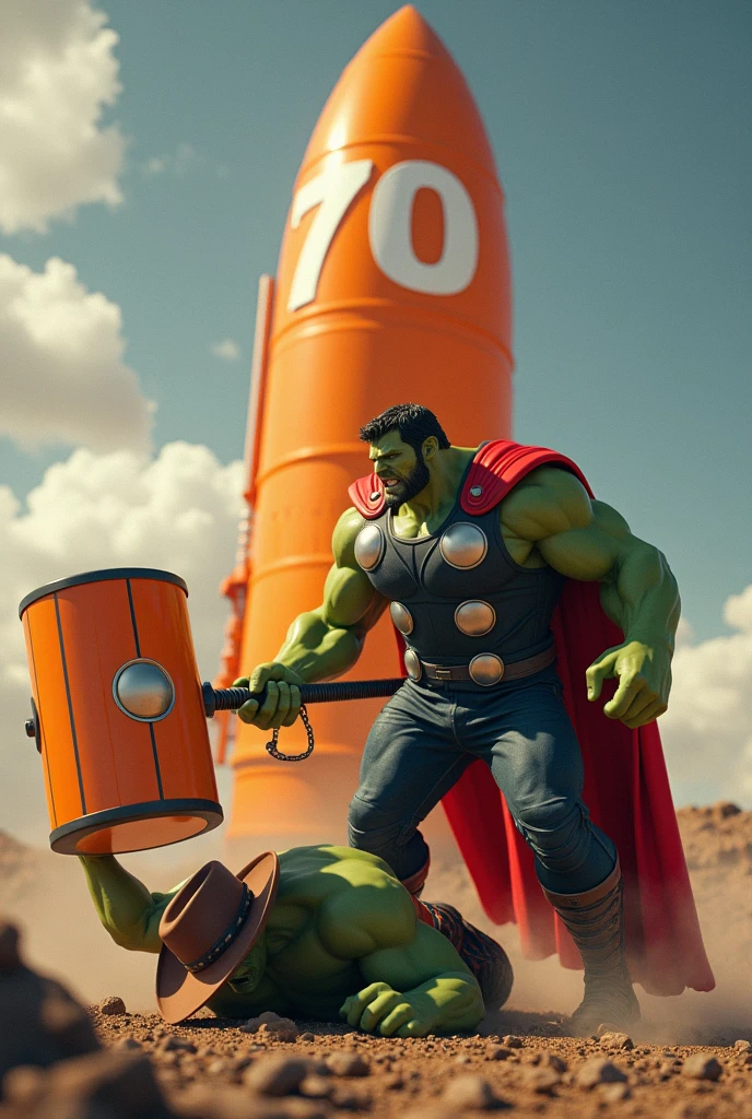 Have Thor hitting Hulk with an orange sledgehammer with the number 70 and Hulk lying on the ground with a cowboy hat and outfit and behind them an orange rocket with the number 70