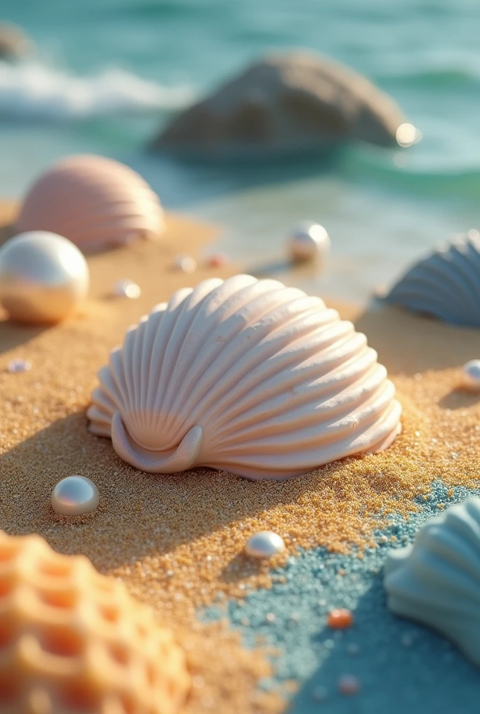 Scallop shell on a beach of various colors with sand floor and large pearls