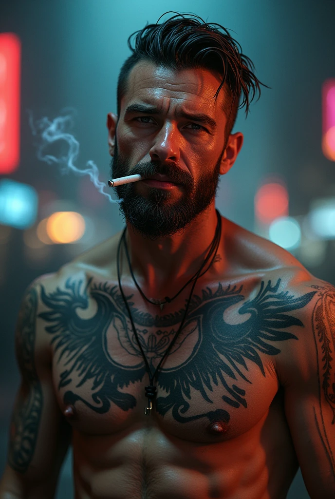 man with a cigarette in his mouth and a tattoo on his chest, inspired by Hedi digital realistic 4k, high quality portrait, ultra-realistic cyberpunk art 8k