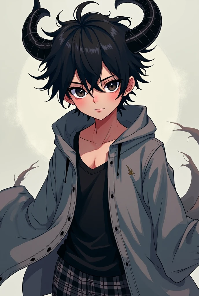 I want an anime boy with messy black hair with black horns and long gray sleeves and black and gray plaid pants.