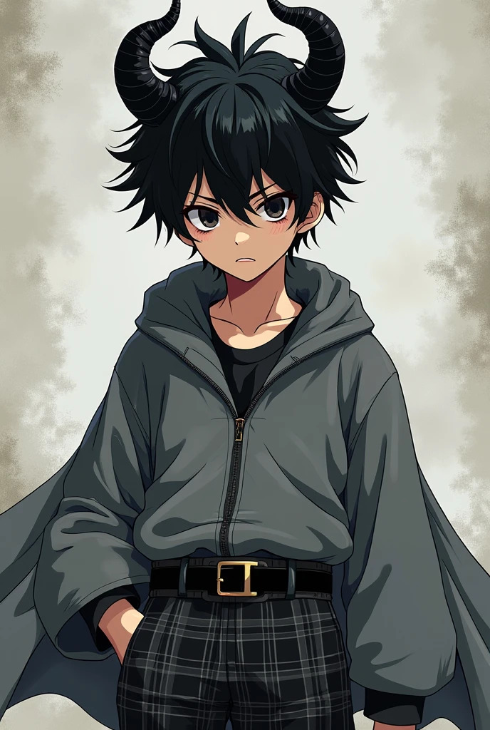 I want an anime boy with messy black hair with black horns and long gray sleeves and black and gray plaid pants.
