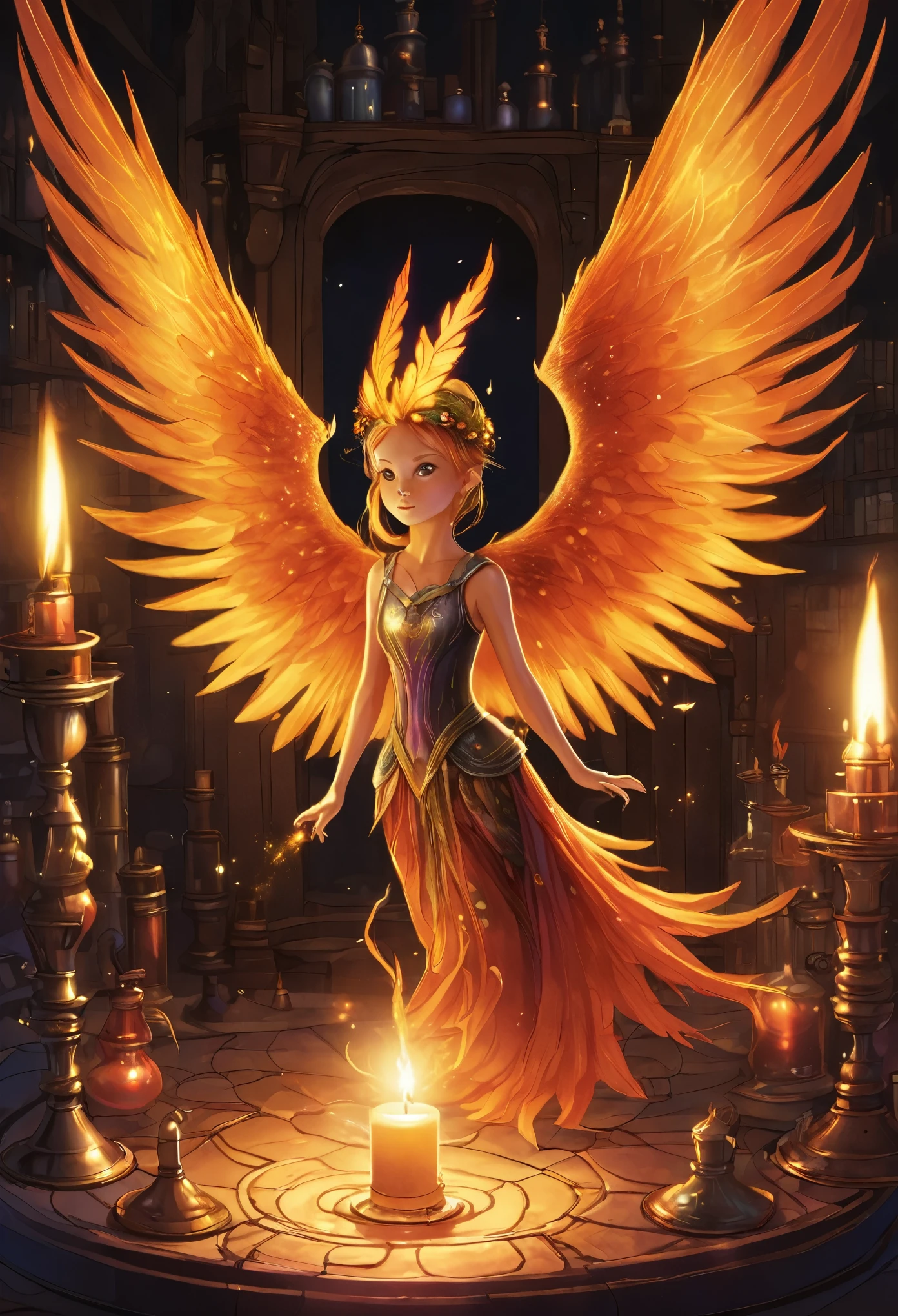 A tiny fairy phoenix flits away from a candle in a dim Wizards laboratory