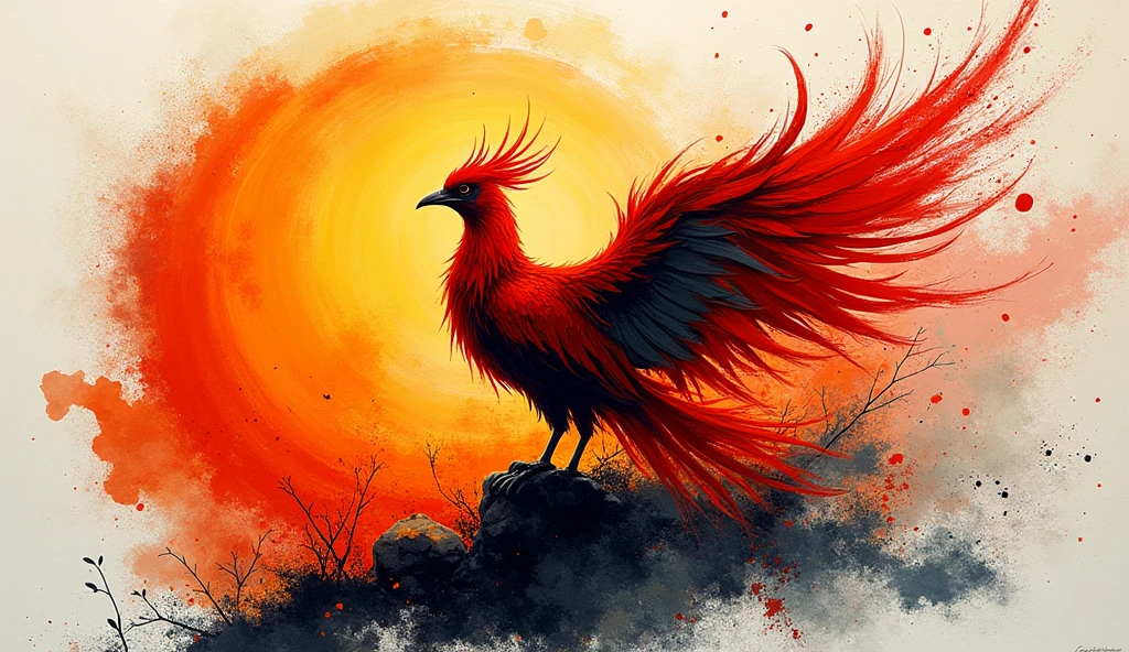 1 charming phoenix, detailed feathered, Abstract Expressionism, High contrast, Ink Art, Vibrant lines, Bold form, Superb technology, Rich texture, Striking colors, Expressive brushstrokes, Lively Action, Texture vector sun background, modern Art, Mixed Media, creative explanation