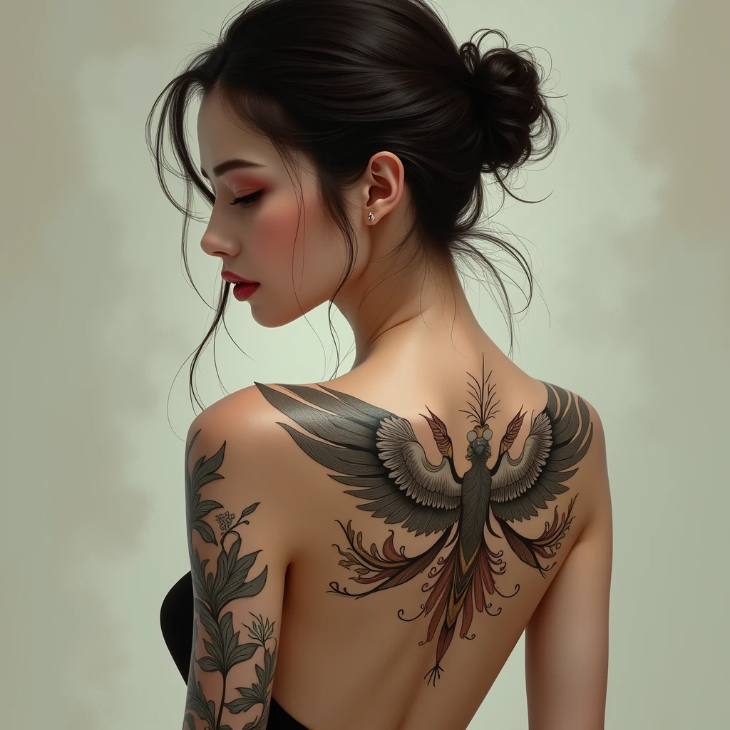 a close up of a person with a tattoo on their back, full body tattoo, tattoos all over the skin, full - body tattoos, full-body tattoos, tribal tattoos, tribal tattoo, symmetrical wings on back, wearing shipibo tattoos, angelic wings on her back, back tattoo, intense line work, ritualistic tattoos, tribal piercing and tatoos