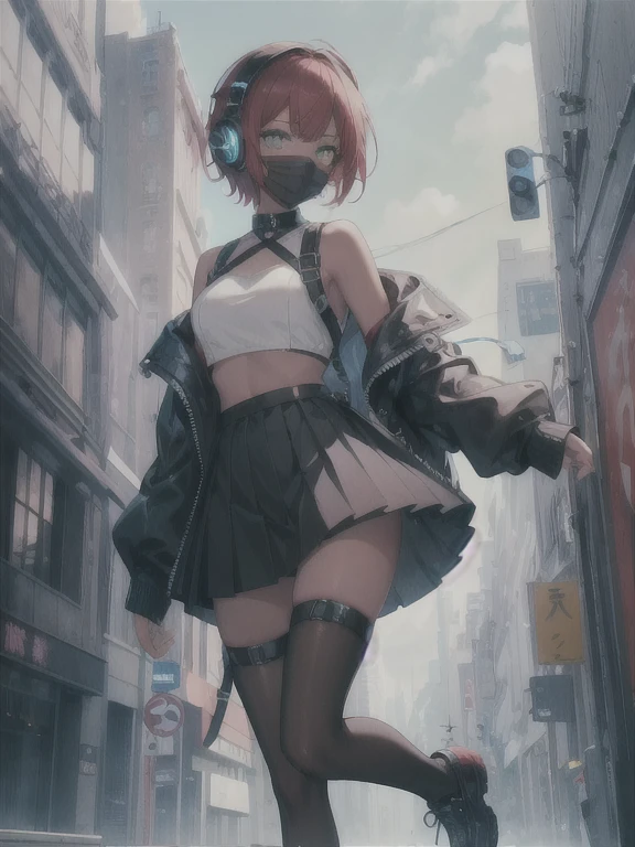 masterpiece, Best Quality, high, claroire2, 1 girl, Sister Clara, Alone, short hair, tanned skin, parts, Sexy open clothes, black skirt, black stockings, long sleeves, chest harness, black shirt, two sides up, hits, crop top, mini skirt, shoes, futuristic headphones, o ring, diaphragm, Red hair, Blue and yellow eyes, off the shoulder, big breasts, thigh strap, pleated skirt, eye braces, Perfect eyes, Short shirt, Street, face mask, standing