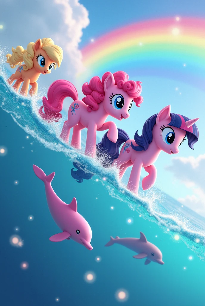 apple jack, Rarity, twilight sparkle and pinkie pie flying over a crystal clear ocean with pink dolphins jumping and lots of rainbows in a more realistic, hyper realistic, hopecore style photos in the style of a symphony meme