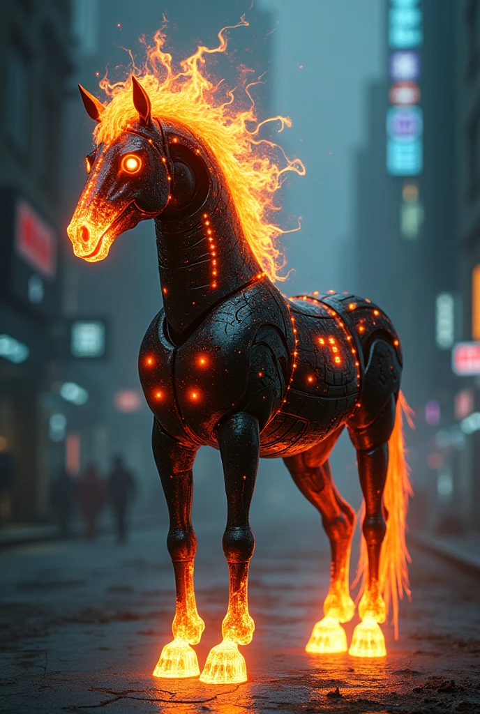 Headless horse with fire coming out of its neck, 
LEDs on the body,
 and a cyberpunk look