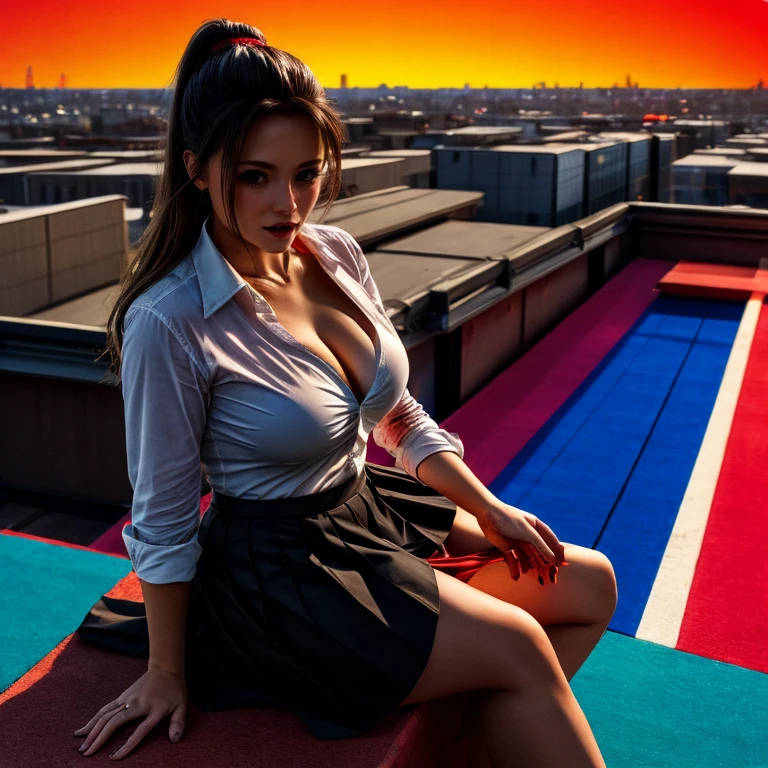 TopQuality 8K UltraDetailed Masterpiece(ProfessionalPHOTO:1.37), ExtremelyDetailed(Office Ladies), Gigantic Cleavage, Undressing ((pull down panties)) ((panty pull)) (wearing a skirt:1.2), Dusk {Rooftop | White Shirt | Blood Stained panties | Red Shoes}, (Acutance:0.8)(Luminism:1.28), Specular reflection, Starry Colorful Particles 