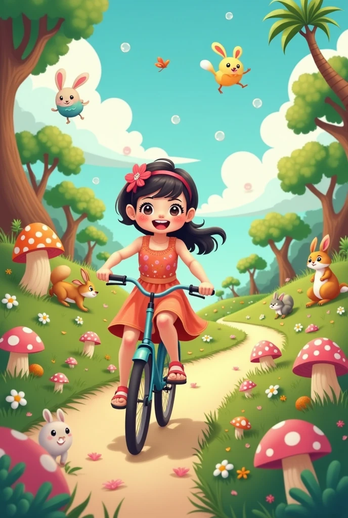 Girl riding a bicycle,Cartoon characters on forest island,cute