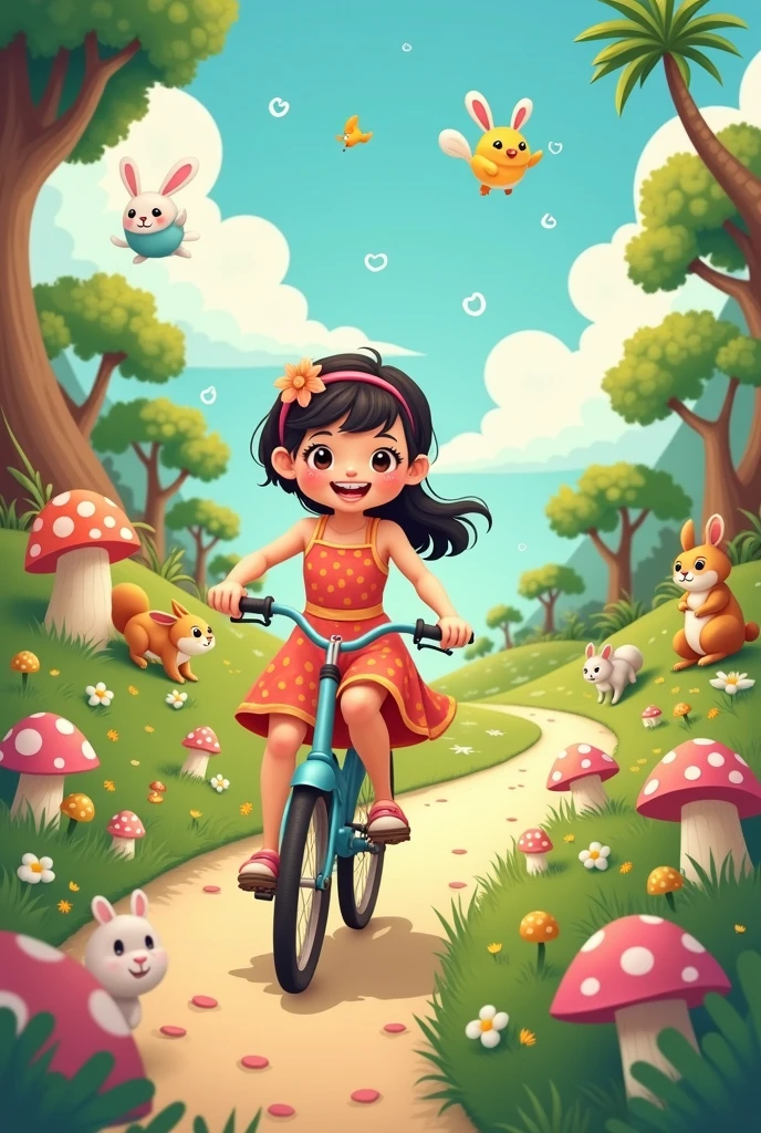 Girl riding a bicycle,Cartoon characters on forest island,cute