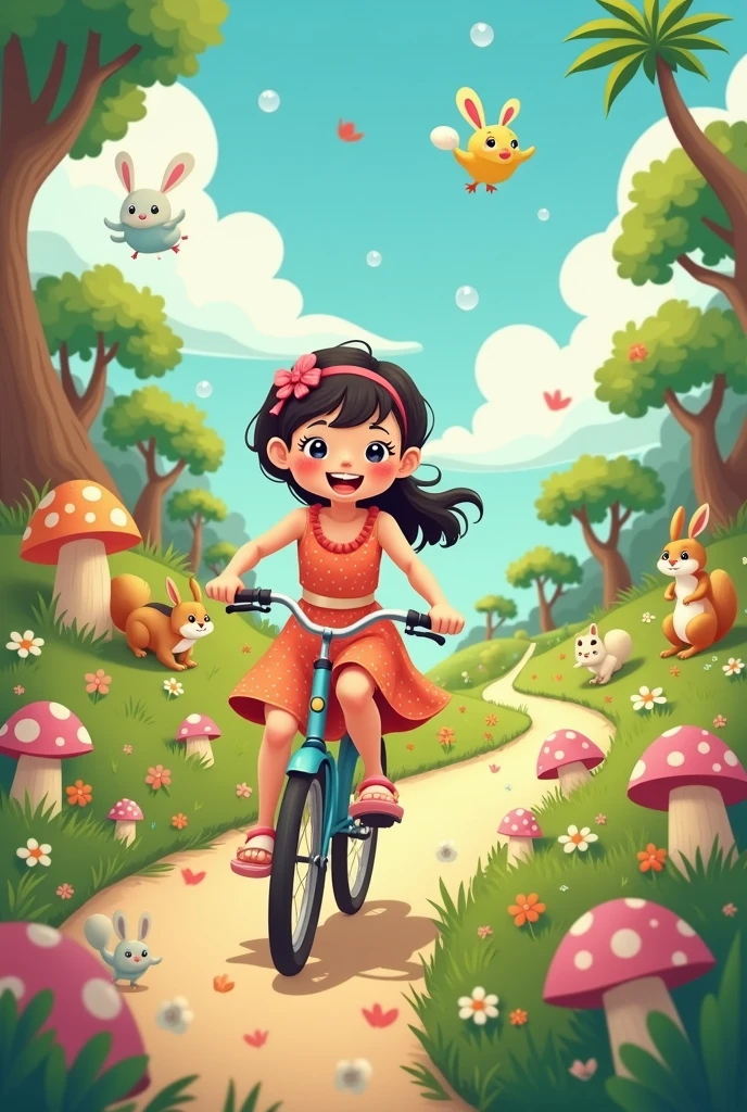 Girl riding a bicycle，Cartoon characters on forest island，cute