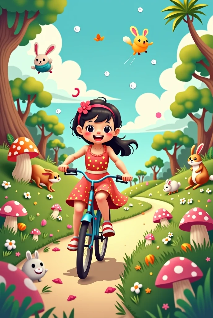 Girl riding a bicycle，Cartoon characters on forest island，cute