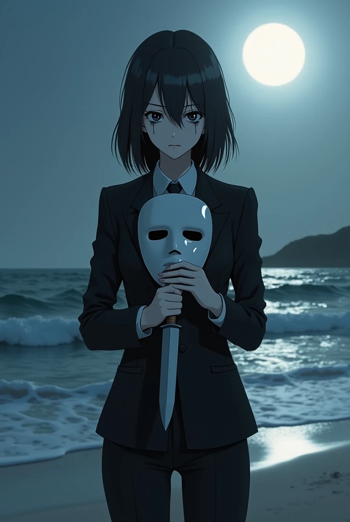 An anime style photo of a female character. she is on a beach at dawn, being illuminated by moonlight, she has white skin, eyes black, black tears coming out of his eyes and a blank expression on his face, looking at the waves of the sea. She is wearing a black suit and holding a theater mask and a knife in her other hand.