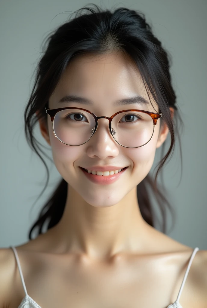 1 person、Close-up of a naked 40-year-old Japanese woman、Facing forward、Photo from chest up、Small breasts、Skinny、Glasses、Hair slicked back in a ponytail、Thin eyebrows、smile、No background。