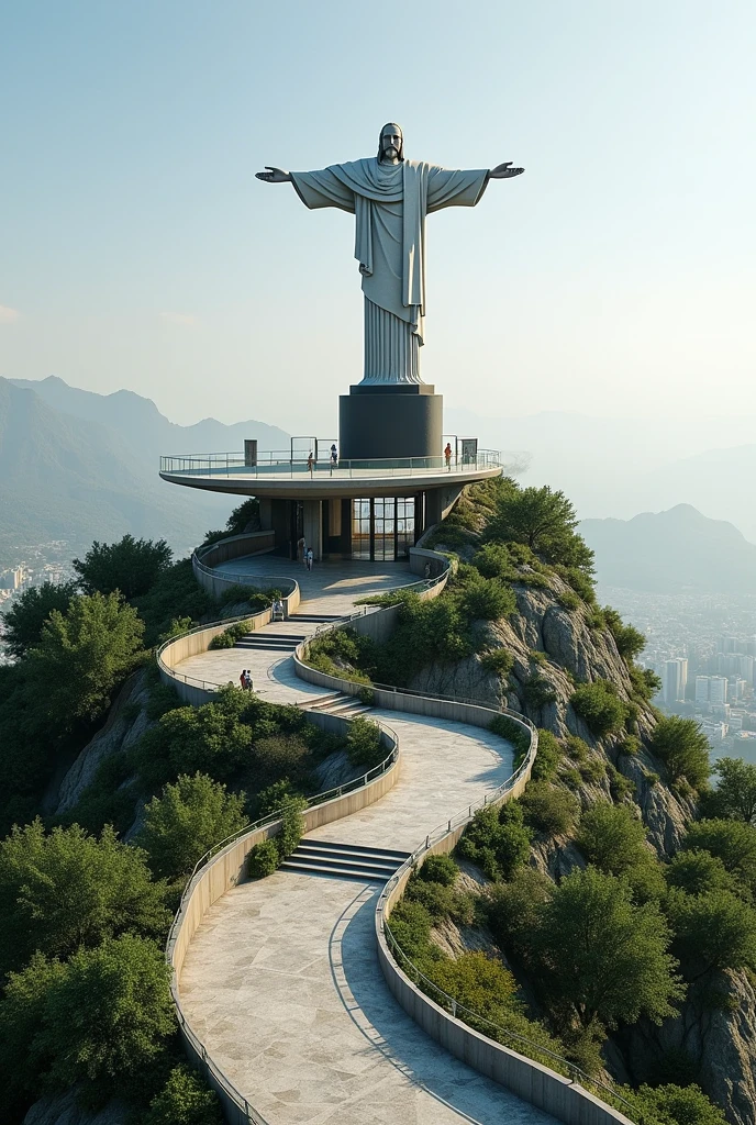 Create an image with these characteristics taking into account that there is a single-terrace monument of Christ the King with the following characteristics:
A semi-circular terrace around the base of Cristo Rey that allows panoramic views.
Nature trails, well designed paths leading to the viewing point through the local vegetation, providing an immersive experience in nature before reaching the observation deck.
Add gardens or seating areas with native flora and stone benches.
Panoramic pergola: A lightweight roof with a modern design that partially covers the viewing platform to provide shade without obstructing the views.
Glass railings: Use reinforced glass railings on platforms to maximize views and maintain safety without interrupting the visual connection with the surroundings.
Rest and meditation areas: Include benches and small meditation or recreation areas around the viewing platform, with direct views towards Cristo Rey, so that visitors can relax and reflect in a peaceful environment.
Interactive spaces: Create information panels on the history and culture of São Paulo, The meaning of Christ the King and the biodiversity of the region.