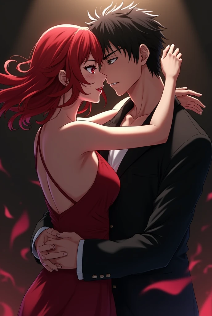 Create a really hot scene of Tomioka from Demon Slayer with a red-haired girl