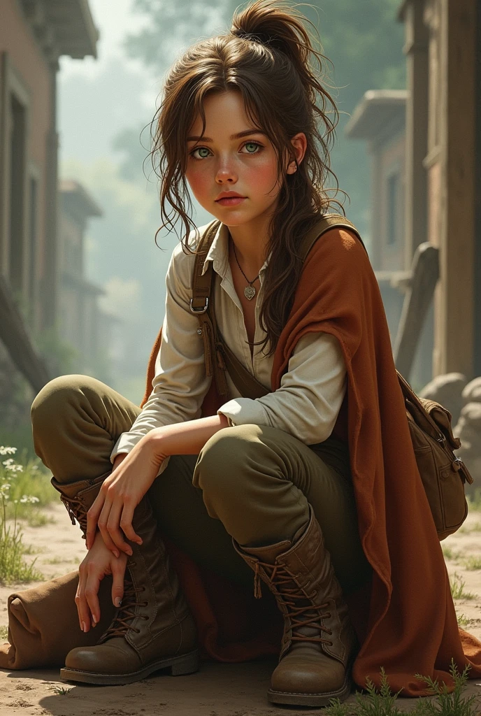 I would like a with brown hair in a ponytail, leaving strands in the front, and green eyes. She wears a poncho on her back like a cape, a white shirt, brown pants, and boots. She carries a bag with her. I would like her to have a mature style, and the art should be in a fantasy RPG style set in the Old West. I would like her to be sitting. she is like ellie from the last of us