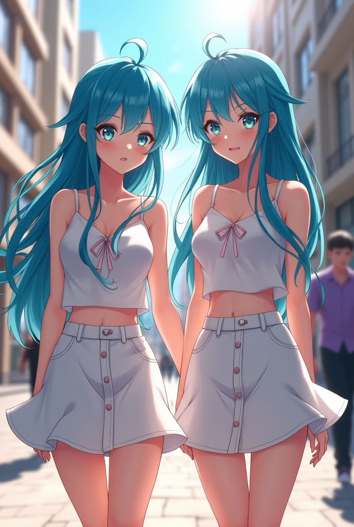 You can create an image of a beautiful 2 anime girl with white skin and aqua blue hair with blue eyes with a white miniskirt all flirtatious walking in the city of Buenos Aires.