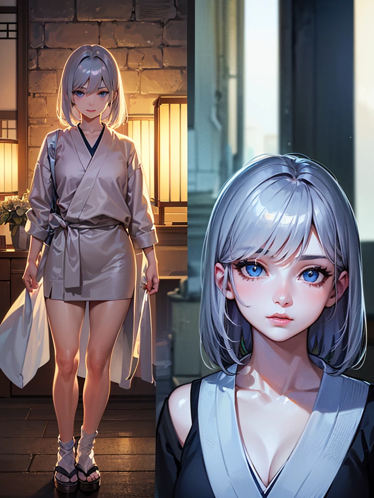 ((perfect anatomy:1.3,realistic:1.3,masterpiece、highest quality、Ultra - High resolution、High resolution、Highly detailed CG、8K)), 1girl, Silver hair, short hair, light blue eyes, 17years old beautiful girl, Japanese, drawn in the style of Japanese anime, pencil drawing, droopy eyes