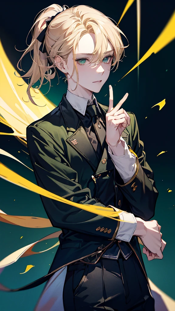 beautiful young male, short blonde ponytail hair, glossy green-tinged hazel eyes, wearing a black jacket and pants, posing with the right index finger touching the lips, with a calm and slightly provocative expression, against a softly blurred warm-toned background light, shot from a slightly high angle, with the person looking directly at the camera, the background lights out of focus.high quality, amount of drawing, pixiv illustration, School uniforms, classroom, smile, Surrealism, chiaroscuro, cinematic lighting, UHD, high details, best quality, highres, 16k