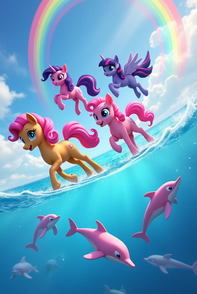 apple jack y rarity, twilight sparkle and pinkie pie flying over a crystal clear ocean with pink dolphins jumping and lots of rainbows in a more realistic, hyper realistic, hopecore style photos in the style of a symphony meme