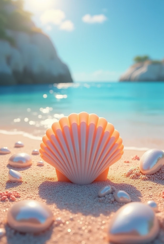 Scallop shell facing.front on a beach of various colors with sand floor and large pearls