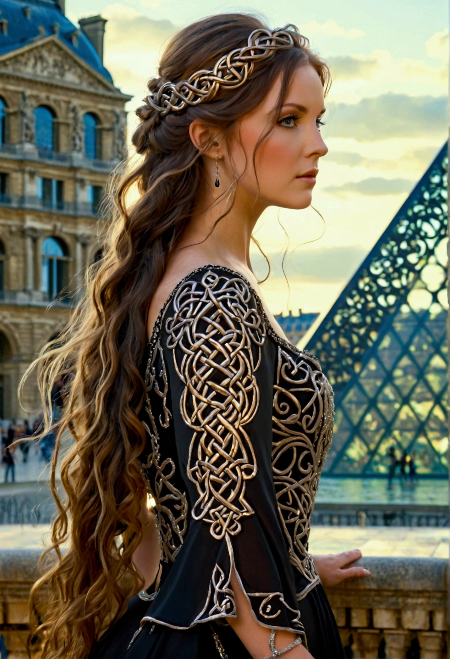 A breathtaking, full-length, elegantly full-length Celtic woman wearing a short, flowing black dress adorned with intricate silver embroidery and delicate Celtic knot patterns. Her long, wavy hair cascades down her shoulders. The background is the Louvre museum in Paris. The scene has a charming, almost mystical quality reminiscent of classical painting styles, emphasizing beauty and nature in harmony.