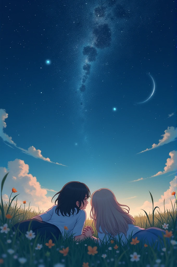 Make me a book poster of two anime couple lying in a grass watching the stars and constellation in a sweet romantic place at night with a title Maybe Not Ours by Ed Red