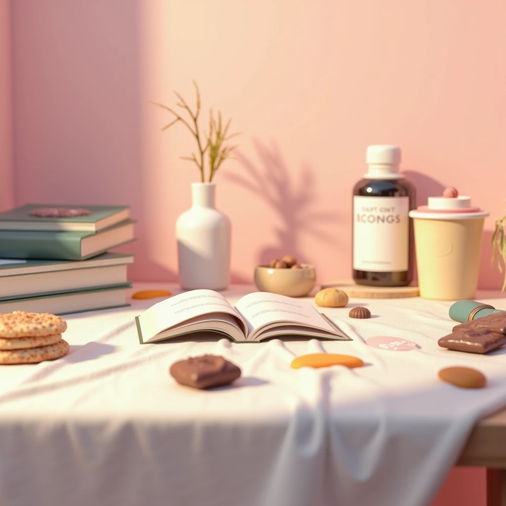 Close up of a table with waste water on it, cloth, books, snacks, chocolate, pink wall background, cute elements, hyperrealistic idea, night