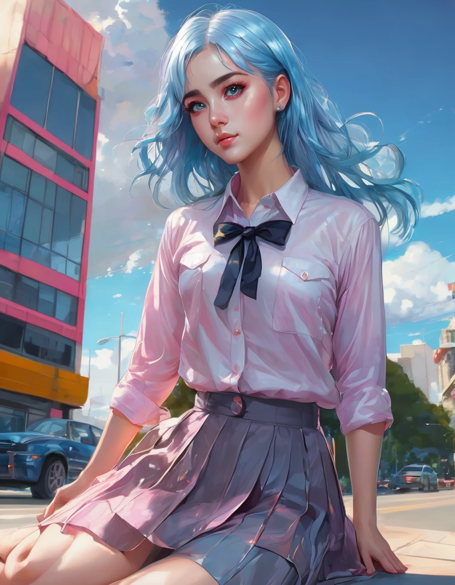 (detailed beautiful eyes and detailed face, masterpiece side light, masterpiece, Best quality, detailed, high resolution illustration), (1 girl, beautiful girl, Shiny skin), (Sky blue hair, Pink eyes, skirt, tape, button up shirt)(kneeling on the ground)