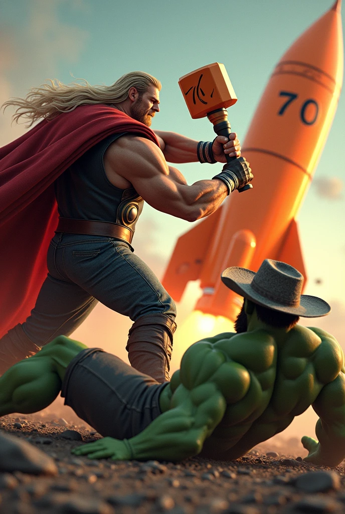 Have Thor swing an orange sledgehammer with the number 70 at Hulk and have Hulk lying on the ground with a cowboy hat and behind them an orange rocket with the number 70