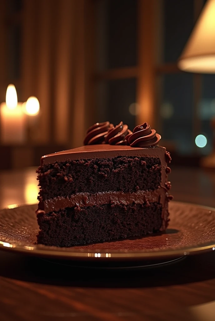 Chocolate cinematic movie scene, bolo de chocolate, darkness background, quality photo, Wet texture, penthouse, studio photo, slice. shallow depth of field, vignettes, highly detailed, high budget, bokeh, cinemascope, temperamental, epic, comely, film grain, grainy.