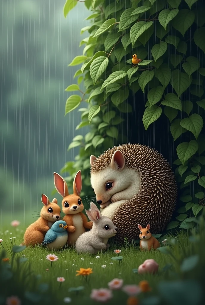 Hedgehog curled up in a tall bush while it rains while a cute hare and too many more animals like rabbits, Birds and squirrels huddle next to him