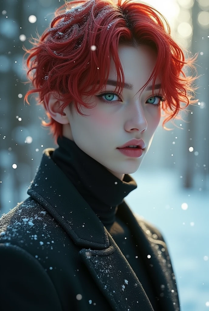 A slightly androgynous male protagonist with snow-white skin and red hair, emerald or blue eyes, short stature like 1:68