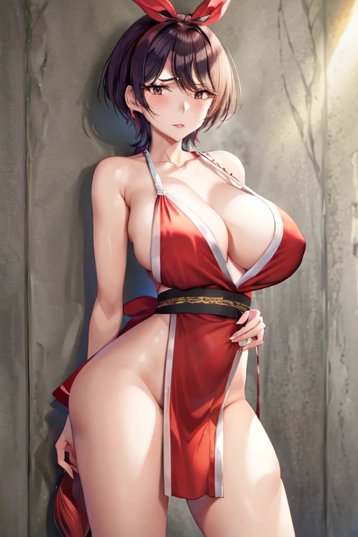 masterpiece, best quality, beautiful art, high resolution, well formed hands, body and fingers, 1 woman, solo, Ruka Sarashina, hair ribbon, red makeup, red lipstick,adult, grown up,  cosplaying as Mai Shiranui , mai_shiranui_cosplay, adult, large and big breasted, cleavage, full body , hair ribbon, gorgeous legs and, thighs,  Japanese clothes, hair ornament ,  and  legs ,  and thighs, panties peek,ryona , in peril, she has been beaten up she is now cornered , helpless and vulnerable, she is dizzy and exhausted, looking at the viewer with anxiety and fear, she is afraid, terror in her eyes, gasping, being at the edge of defeat, tied up, heroine in peril, ryona scene 