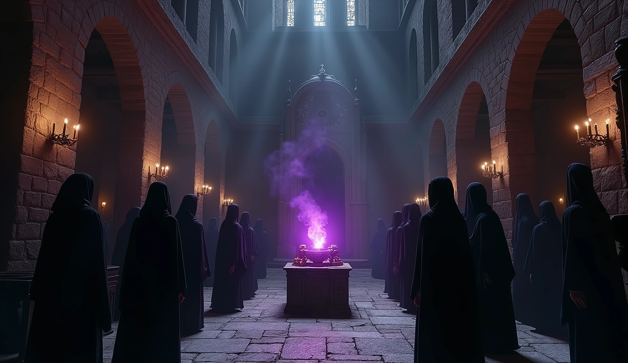 8k、(low angle), (number々の賞を受賞したmasterpiece、Incredible detail、Texture、Maximum details),purple flame candle, (summoning magic),(St George&#39;s Church in Lalibela at night (Church of Saint George) - Ethiopia), (dark ritual),(dark organization)arafed image of a group of people in a church with candles,lit candle, dark cinematic concept art, elegant cinematic fantasy art, photorealistic dark concept art, by Beeple, dark robes, wojtek fus, gothic epic library concept, gothic epic library, epic cinematic concept art, dark concept art, Beeple and mike winkelmann, symmetrical epic fantasy art, High resolution, masterpiece, Highest quality, Intricate details, Very detailed, Clear focus, practical skin texture, texture,  Shot with Canon, 85mm, Shallow and deep, Kodak Vision Color, Exactly, Very detailed, photograph_\(Extremist\), photographpractical, practical, Post-processing, Maximum details, Roughness, Real Life, Extremist practical, Photorealism, photographgraphy, 8K Ultra HD, photographgraphy
