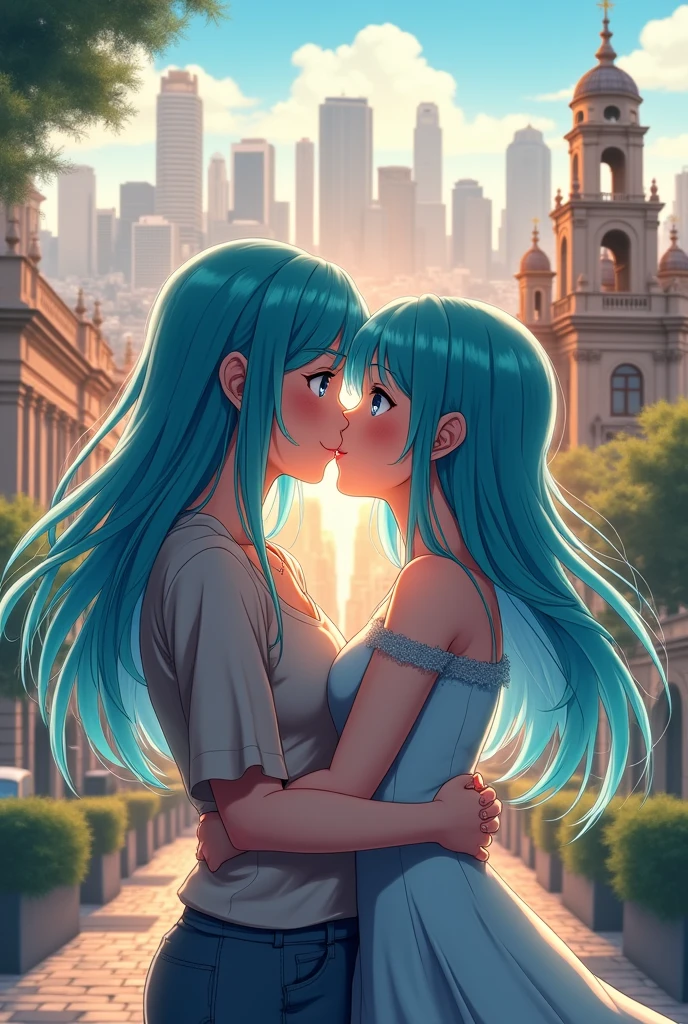 Create an image of a beautiful 2 anime girl with white skin and aqua blue hair color with blue eyes kissing a boy in the city of Buenos Aires.