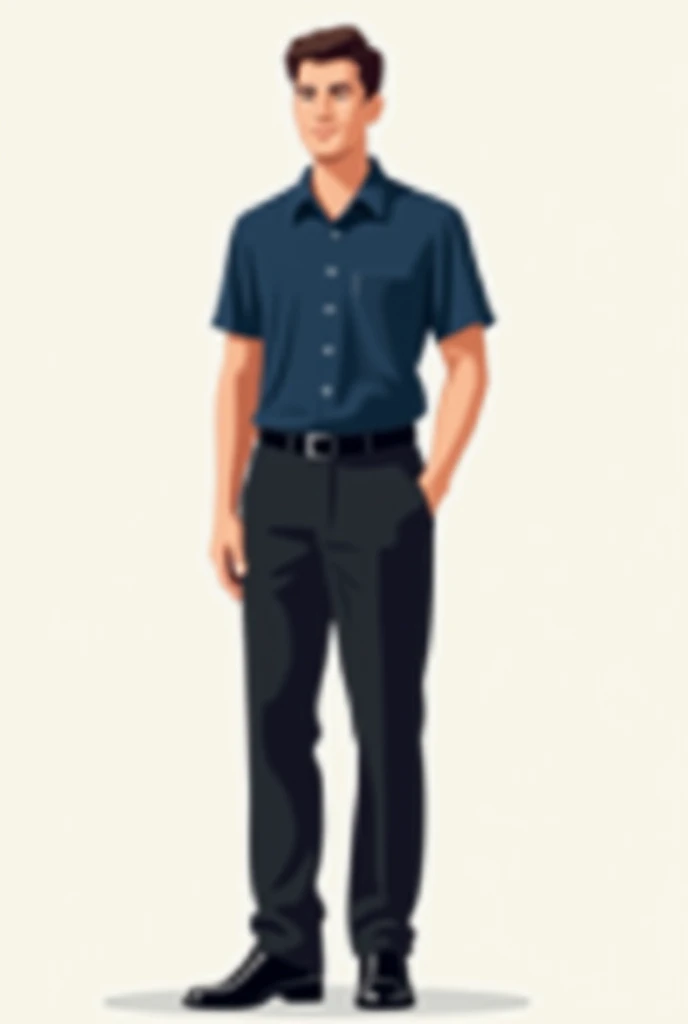 server wearing navy blue polo and black dress pants with belt black shoes, no background, drawing