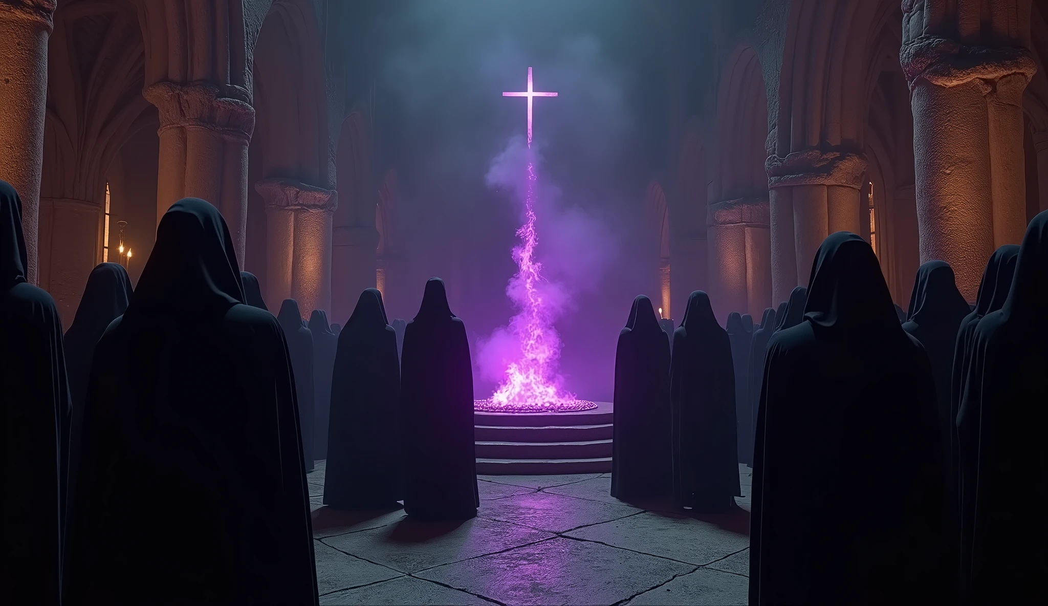 8k、(low angle Bust up on the subject), (number々の賞を受賞したmasterpiece、Incredible detail、Texture、Maximum details),purple flame candle, (summoning magic),(St George's Church in Lalibela at night (Church of Saint George) - Ethiopia), (dark ritual),(dark organization)arafed image of a group of people in a church with candles,lit candle, dark cinematic concept art, elegant cinematic fantasy art, photorealistic dark concept art, by Beeple, dark robes, wojtek fus, gothic epic library concept, gothic epic library, epic cinematic concept art, dark concept art, Beeple and mike winkelmann, symmetrical epic fantasy art, High resolution, masterpiece, Highest quality, Intricate details, Very detailed, Clear focus, practical skin texture, texture, Shot with Canon, 85mm, Shallow and deep, Kodak Vision Color, Exactly, Very detailed, photograph_\(Extremist\), photographpractical, practical, Post-processing, Maximum details, Roughness, Real Life, Extremist practical, Photorealism, photographgraphy, 8K Ultra HD, photographgraphy