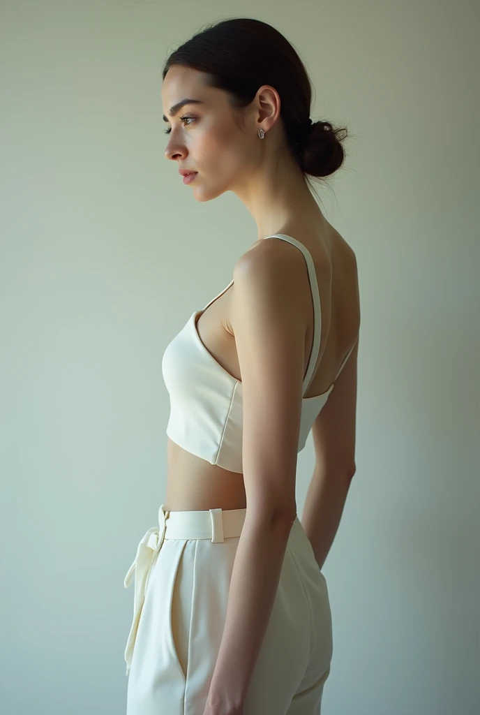 Anna hathway with pale skin,white skin, no lose hair, pinned hair,hourgalss body, wearing top and pants, wall, poor quality picture, bad quality picture, short neck