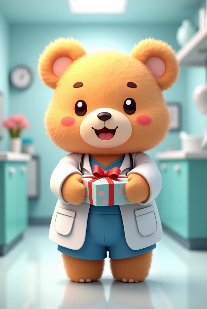 A cute female bear wearing doctor clothes, with a smile, giving a gift