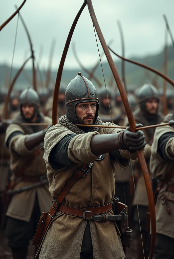 A group of English soldiers with bows and arrows, at the Battle of Agincourt, 1415"
