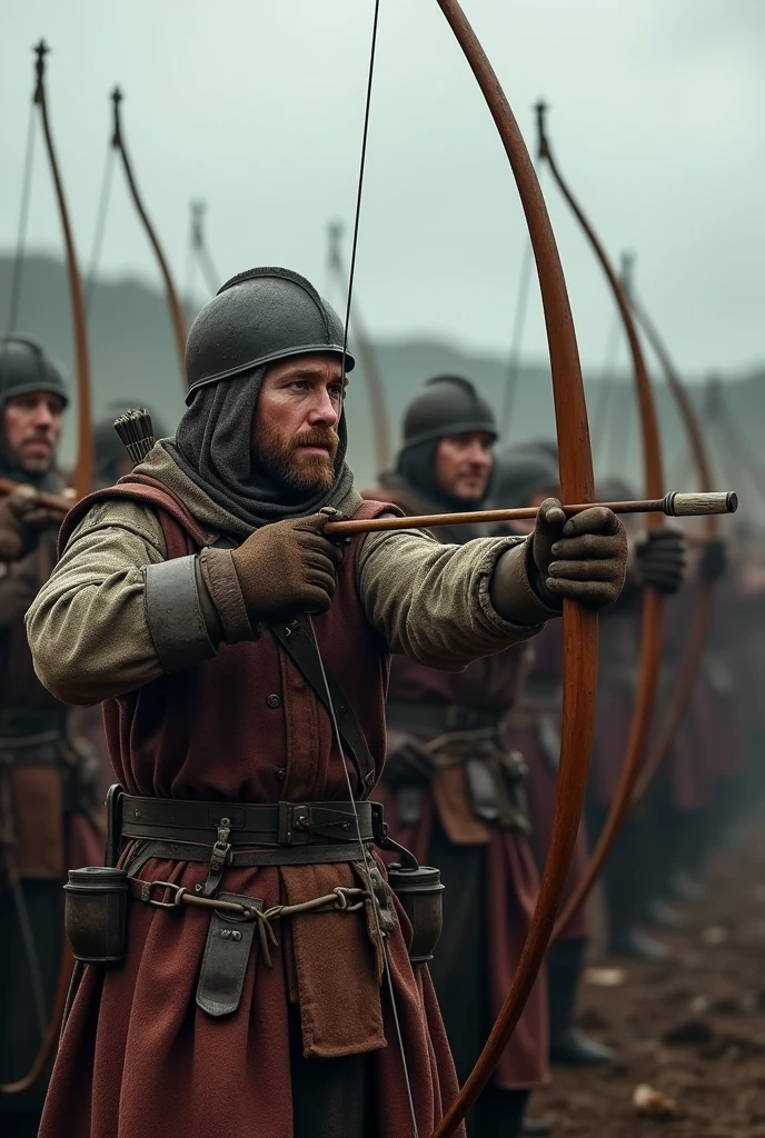 A group of English soldiers with bows and arrows, at the Battle of Agincourt, 1415"