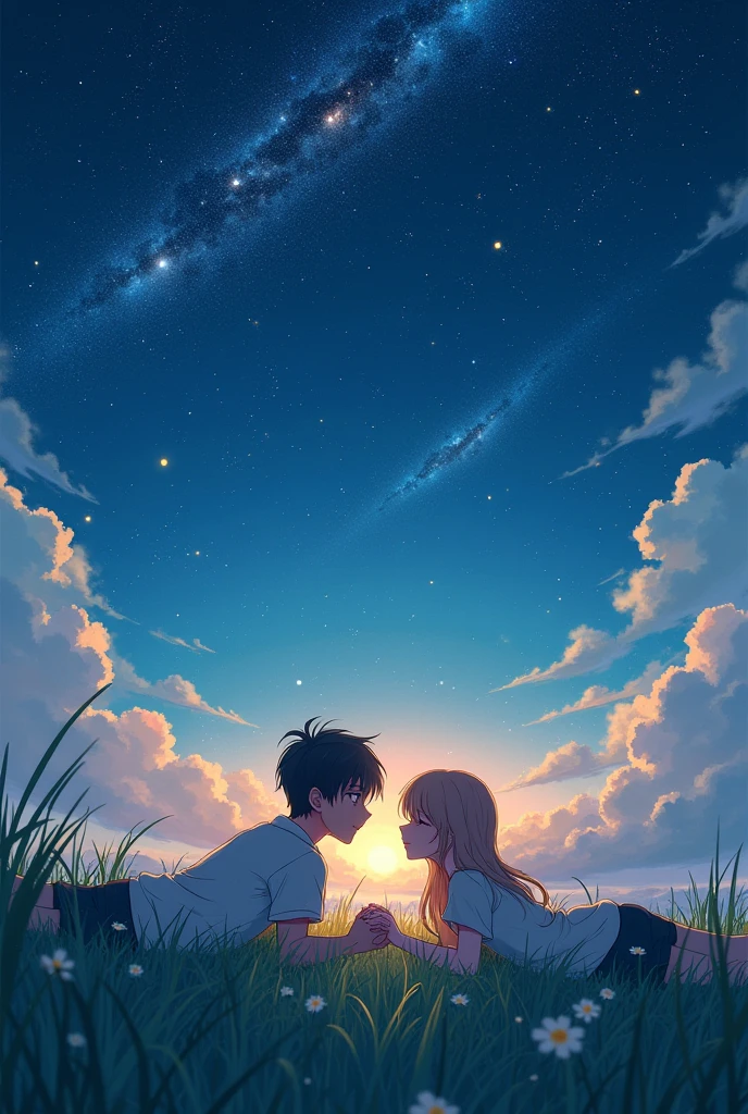 Make me a book poster of two anime couple lying in a grass watching the stars and constellation in a sweet romantic place at night with a title Maybe Not Ours by Ed Red