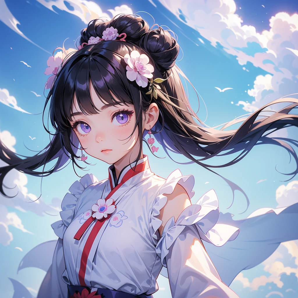 A chibi child girl had a small face and Wearing white little Taoist priest's outfit, A pair of big round eyes shone with curiosity about him, This child was so cute, her hair is black with two buns on her hair, Purple carnations surround, low clouds behind, blue sky.



