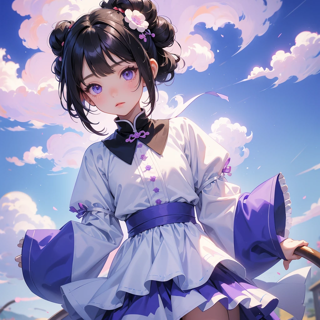 A chibi child girl had a small face and Wearing white little Taoist priest's outfit, A pair of big round eyes shone with curiosity about him, This child was so cute, her hair is black with two buns on her hair, Purple carnations surround, low clouds behind, blue sky.



