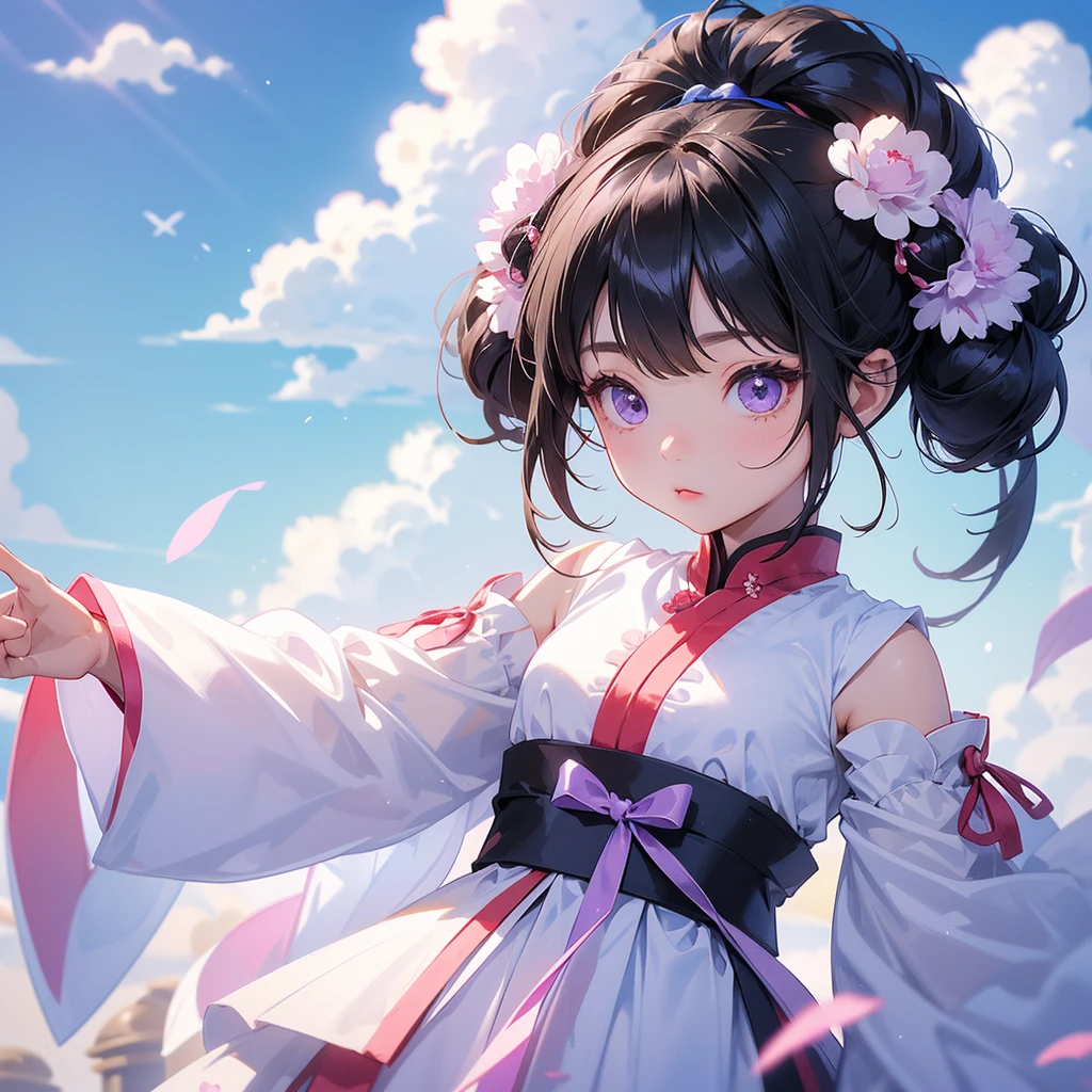 A chibi child girl had a small face and Wearing white little Taoist priest's outfit, A pair of big round eyes shone with curiosity about him, This child was so cute, her hair is black with two buns on her hair, Purple carnations surround, low clouds behind, blue sky.



