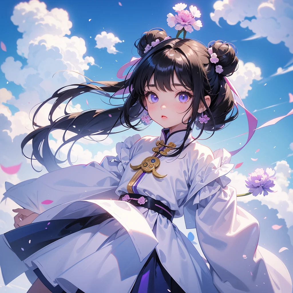 A chibi child girl had a small face and Wearing white little Taoist priest's outfit, A pair of big round eyes shone with curiosity about him, This child was so cute, her hair is black with two buns on her hair, Purple carnations surround, low clouds behind, blue sky.



