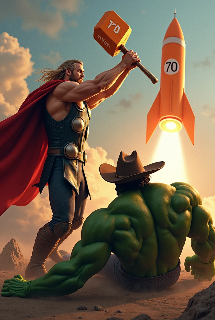 Have Thor swing an orange sledgehammer with the number 70 at Hulk and have Hulk lying on the ground with a cowboy hat and behind them an orange rocket with the number 70