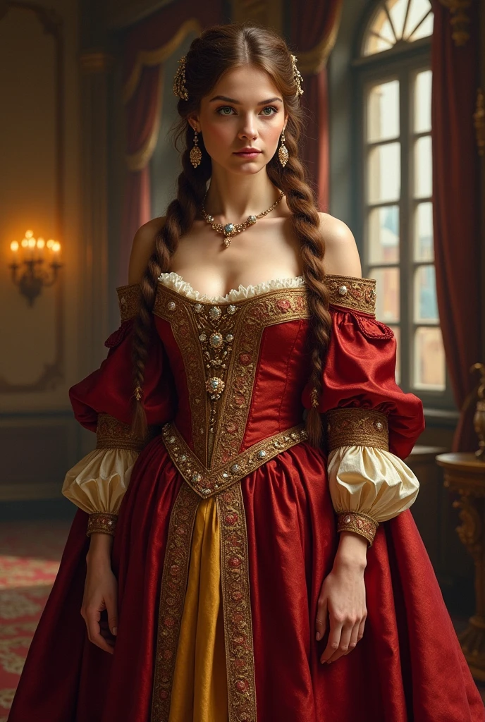 A visual depiction of Lady Seraphina d’Aurelis in her luxurious court gown, set in a dark fantasy Renaissance Era theme. Lady Seraphina is shown in a grand, ornate gown that reflects her status as the daughter of the city's ruler. The provocative and daring gown is rich in detail, made of deep crimson and gold fabric, with intricate embroidery and jewels adorning the bodice and sleeves. Her chestnut brown hair is styled in elegant braids, adorned with delicate jewels. Lady Seraphina stands with grace and poise, embodying nobility and strength. The background suggests a grand hall within the palace, with tall windows, heavy drapes, and flickering candlelight. The depiction is in a realistic, high-detail oil painting style, capturing the elegance and regal presence of Lady Seraphina in her finest attire.